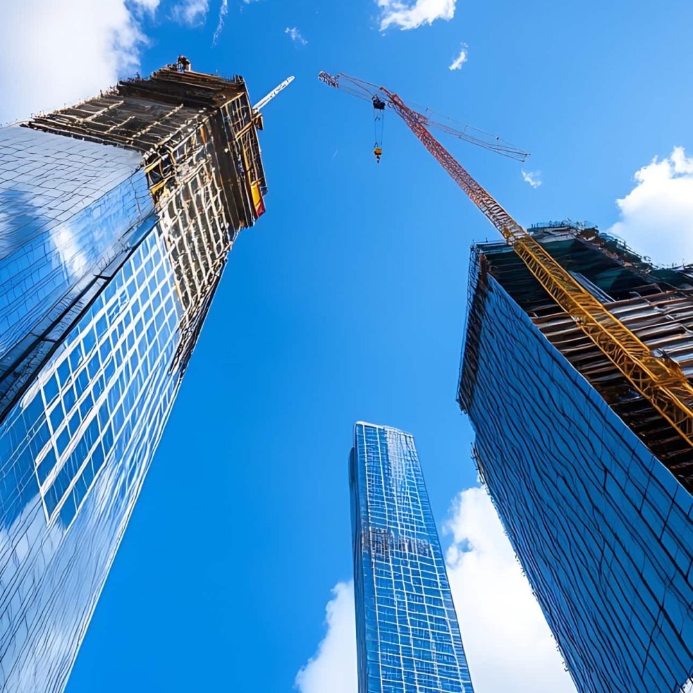 High-rise buildings under construction with tower crane against blue sky