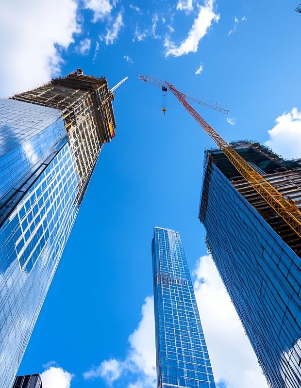 High-rise buildings under construction with tower crane against blue sky