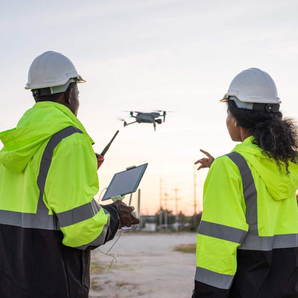 Engineers operating a drone for aerial site survey and inspection
