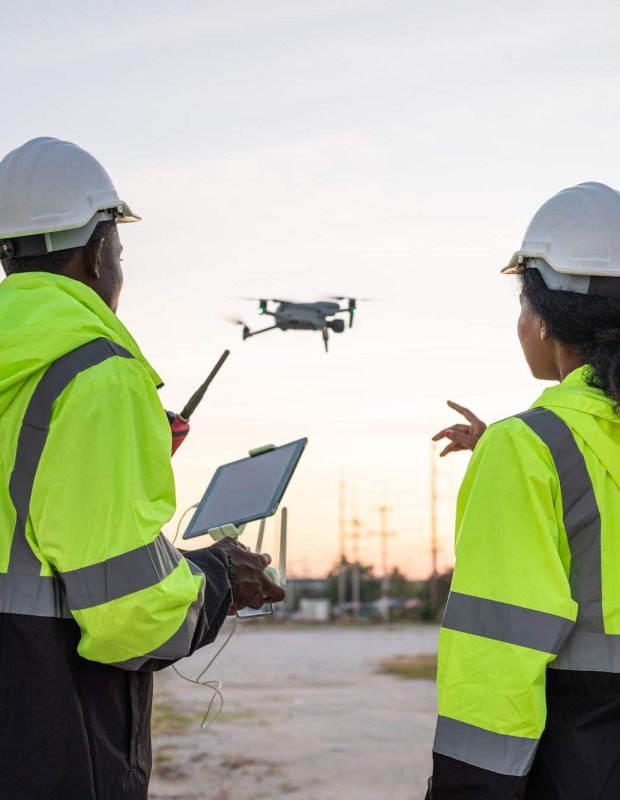 Engineers operating a drone for aerial site survey and inspection